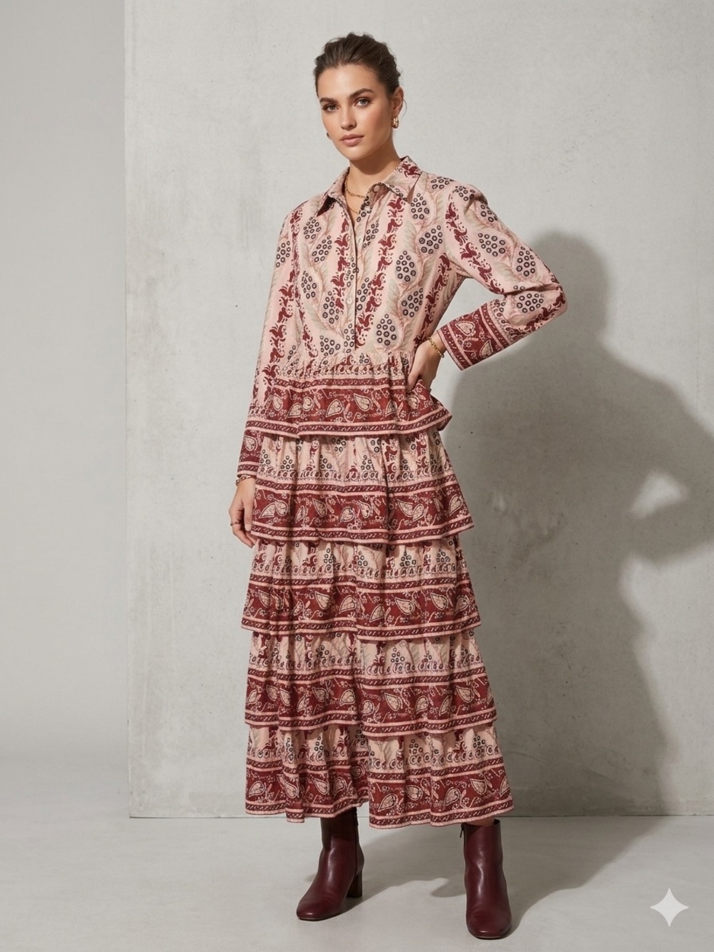 Bohemian Tiered Maxi Dress in Blush & Burgundy